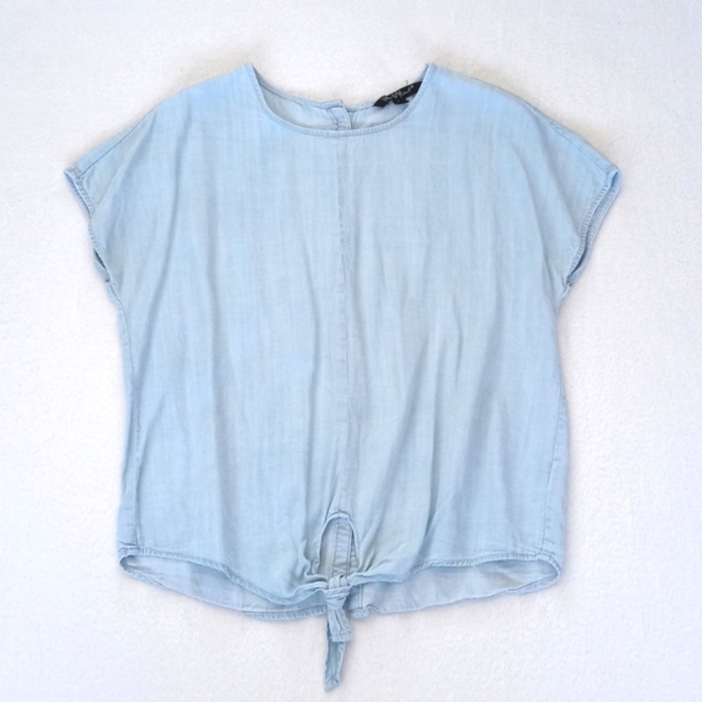 Velvet Heart Women's Light Denim Blue Cap Sleeve Tencel Top with Front Tie S